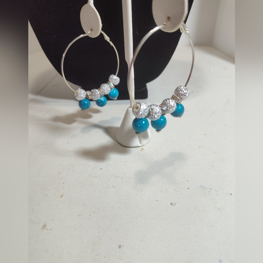 Silver and Turquoise Blue Beaded Hoop Earrings